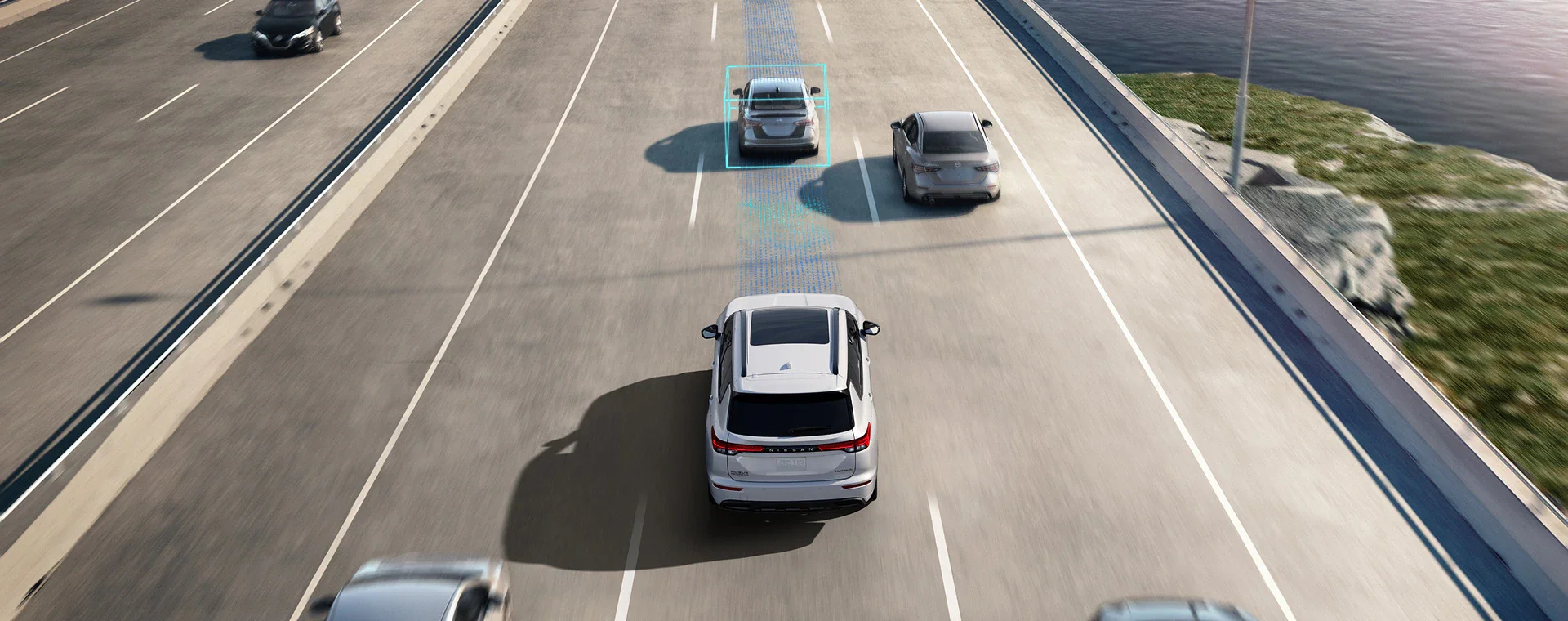 2026 Nissan Rogue Plug-in Hybrid overhead rear view with a blue schematic overlay demonstrating ProPILOT Assist feature.