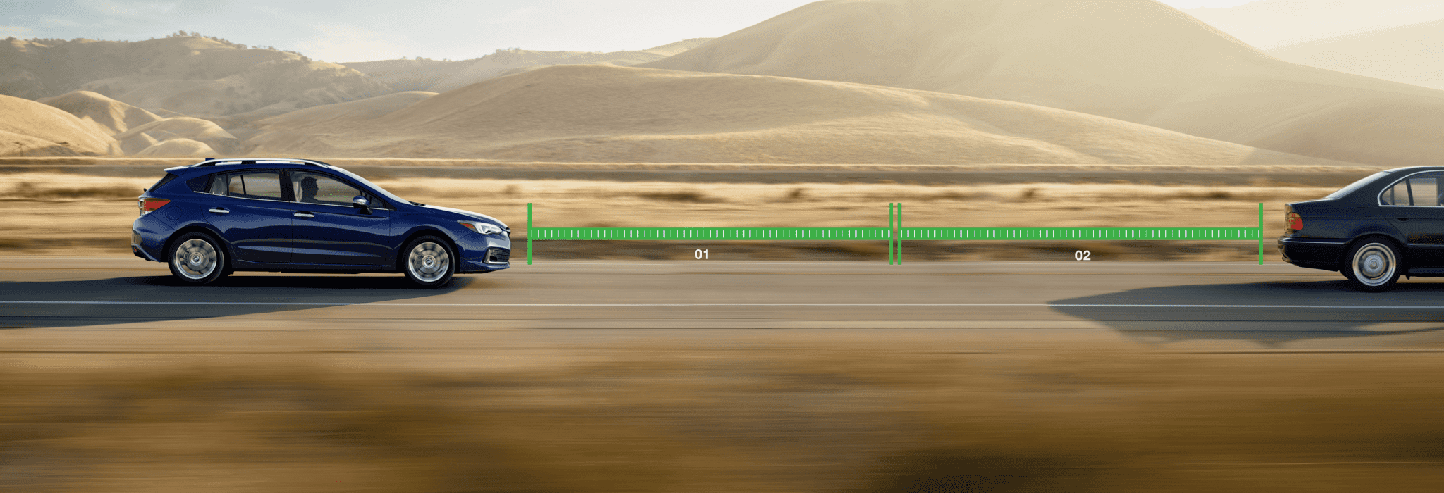  A photo illustrating the Adaptive Cruise Control with Lane Keep Assist feature of the 2023 Impreza hatchback.