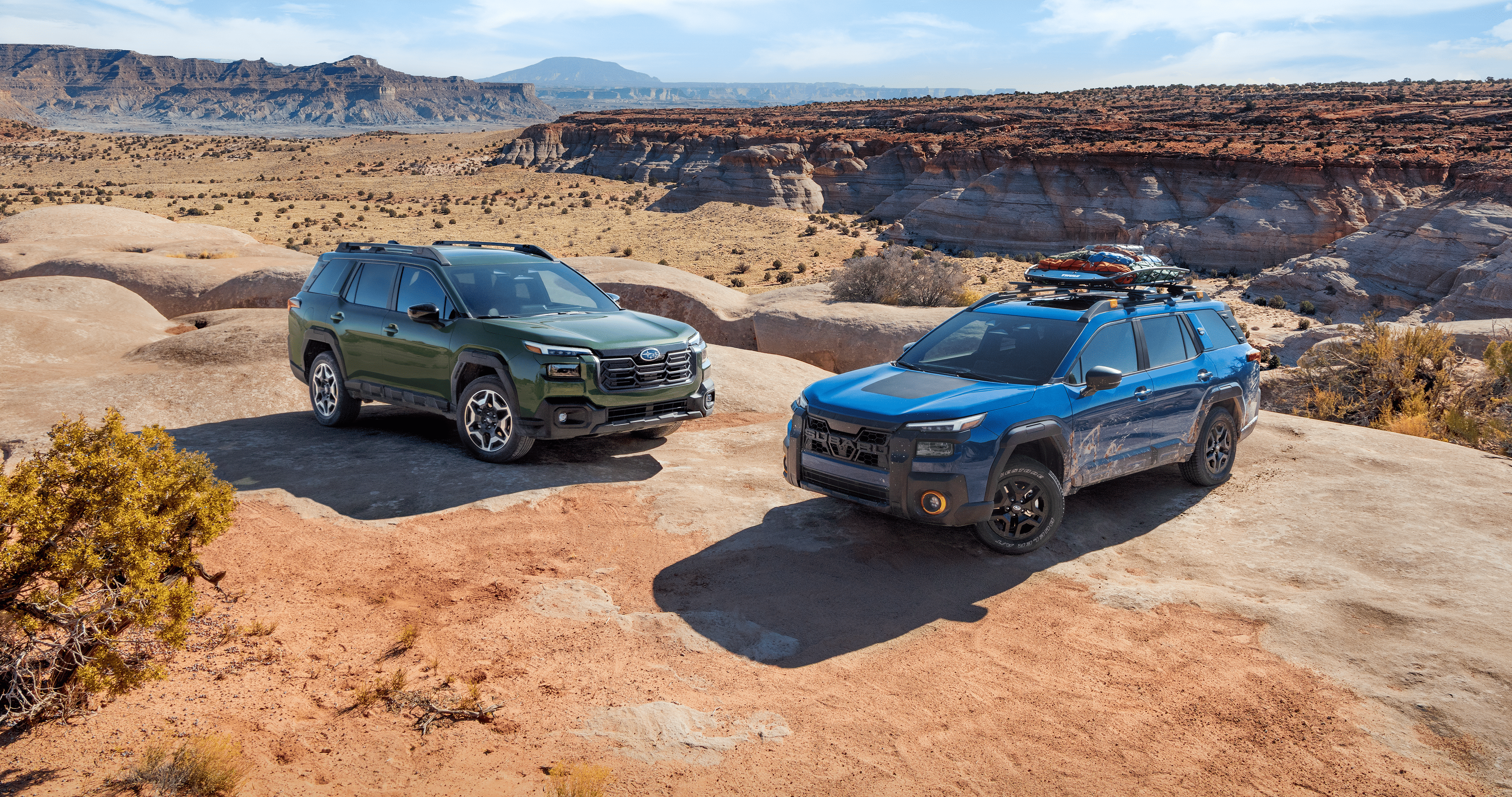 A 2026 Subaru Outback in emerald green and a 2026 Subaru Outback Wilderness in geyser blue parked next to each other on a mountain overlooking a desert.