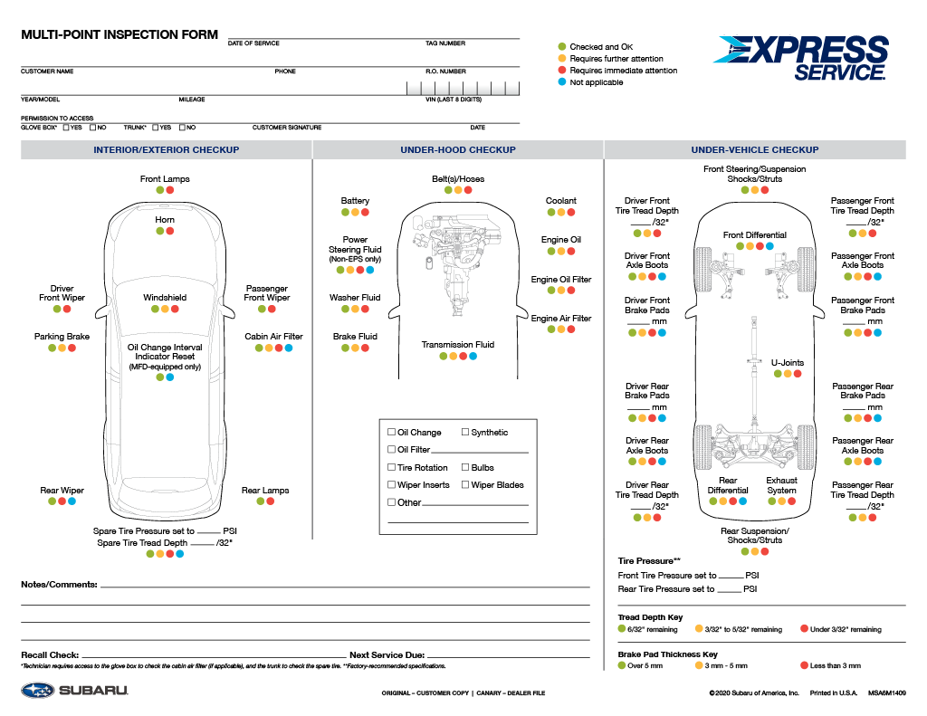 Subaru Multi-Point Inspection Form Image