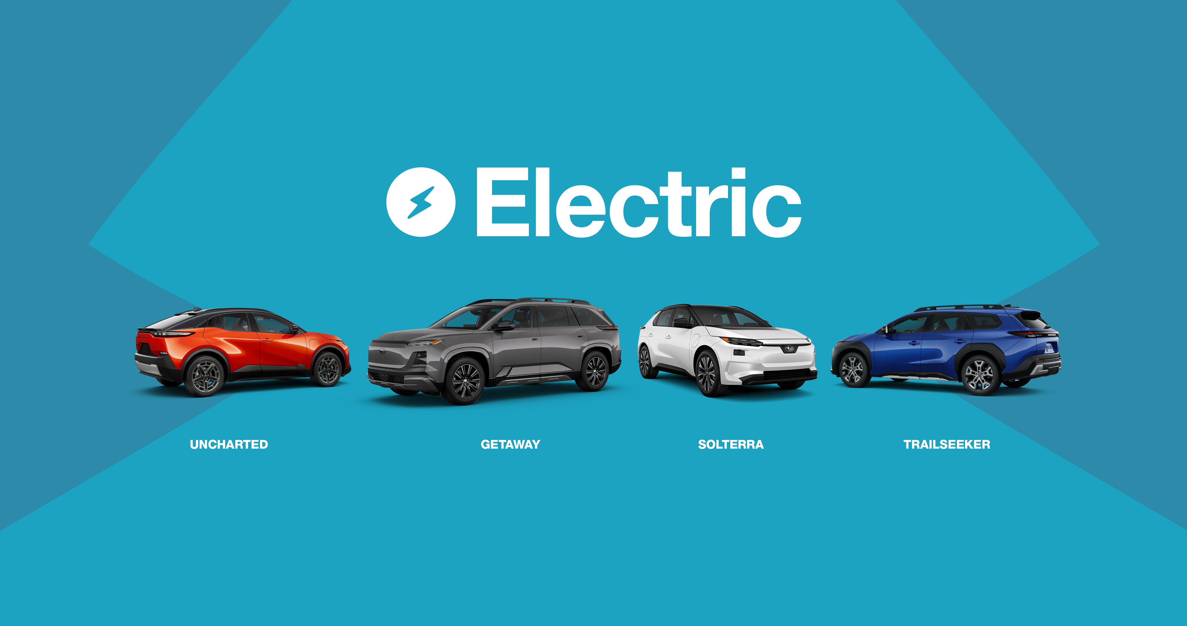 Four Subaru electric vehicles displayed on a blue background with the word ‘Electric’ and a lightning bolt icon above them. From left to right: a red Subaru Uncharted, a grey Subaru Getaway, a white Subaru Solterra, and a blue Subaru Trailseeker.