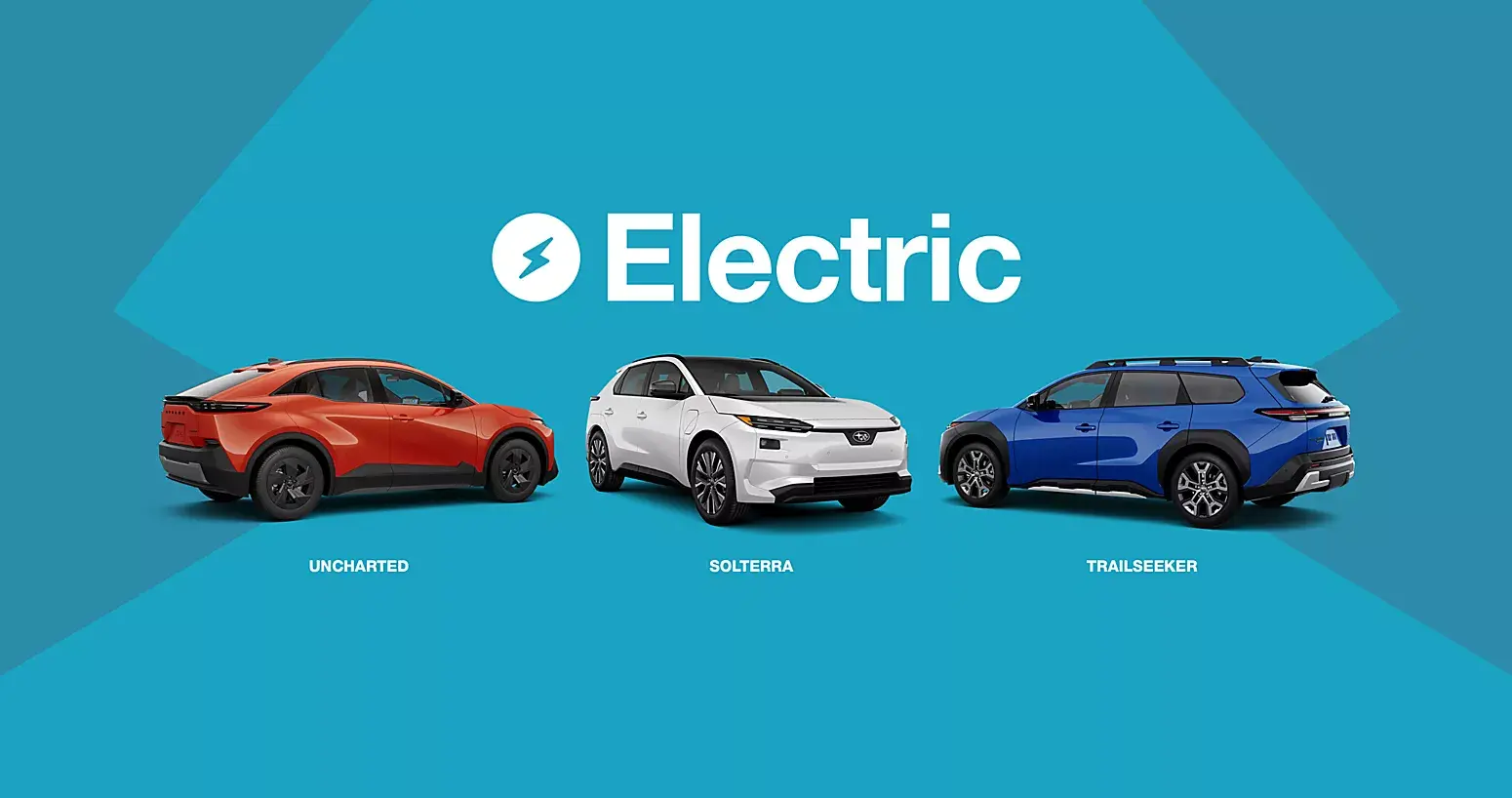 Three Subaru electric vehicles displayed on a blue background with the word ‘Electric’ and a lightning bolt icon above them. From left to right: a red Subaru Uncharted, a white Subaru Solterra, and a blue Subaru Trailseeker.