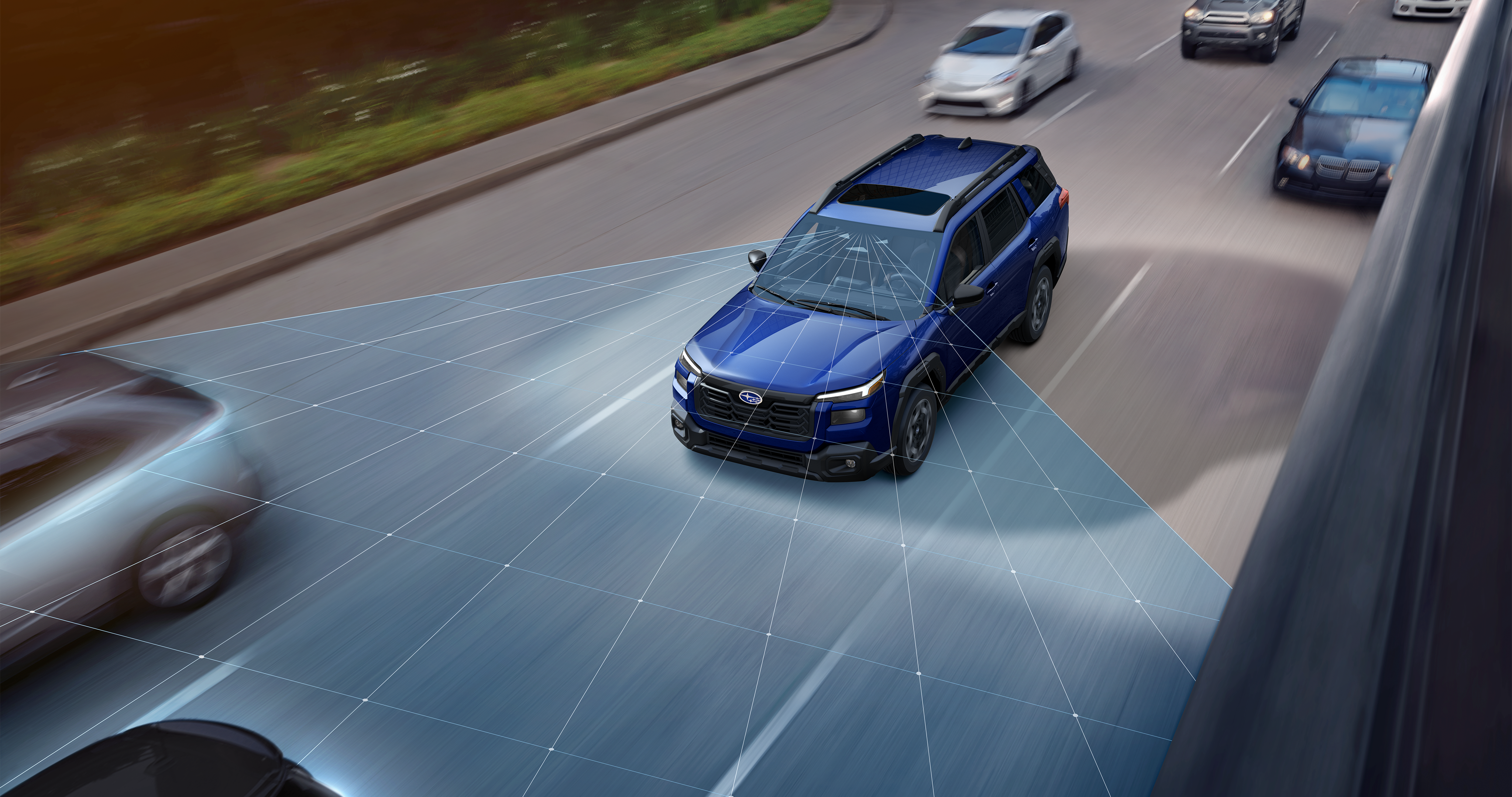  A Subaru SUV project lines on the road, representing EyeSight Driver Assist Technology.