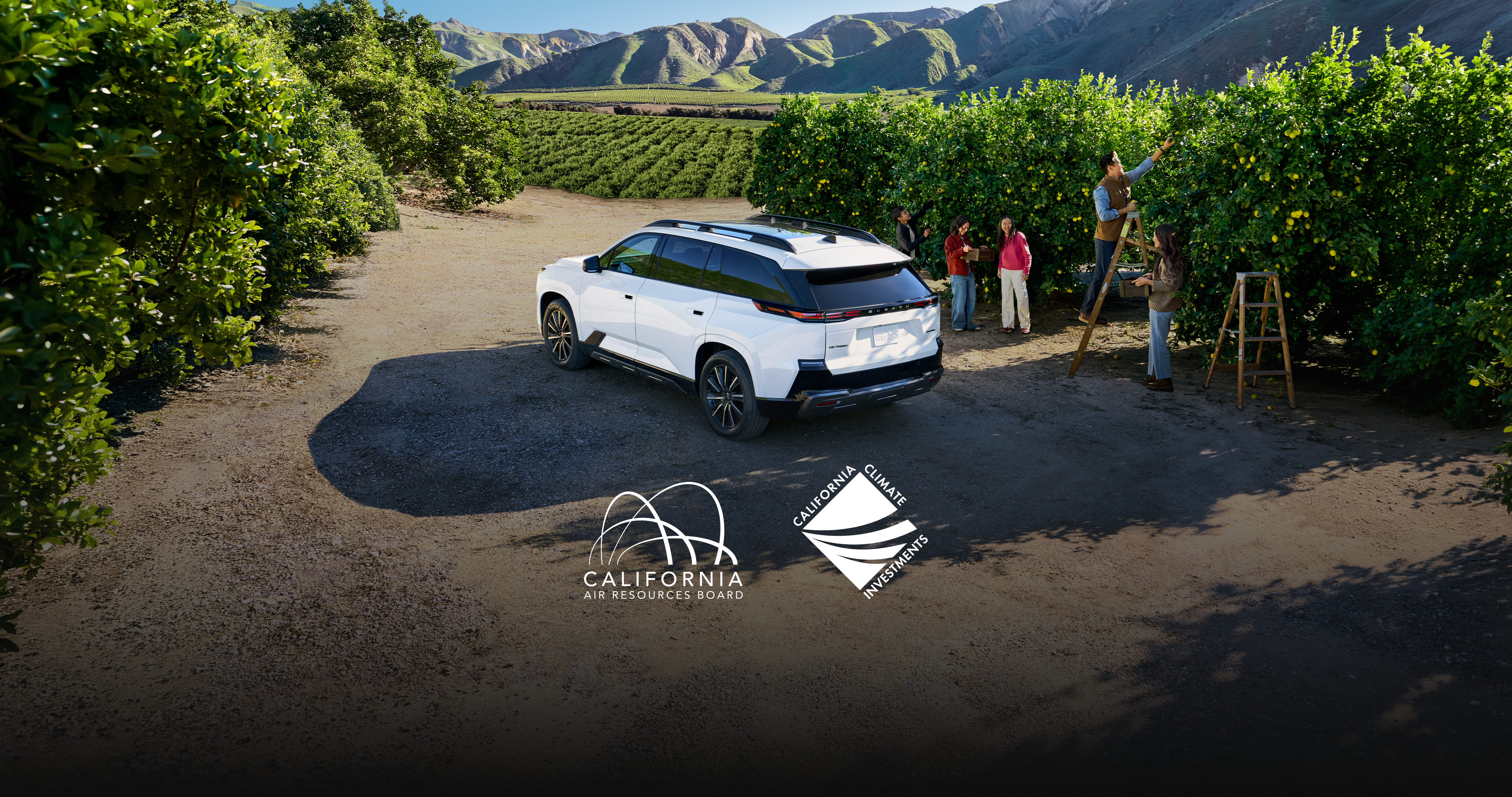 A white Subaru Getaway EV parked next to people picking fruit in an orchard