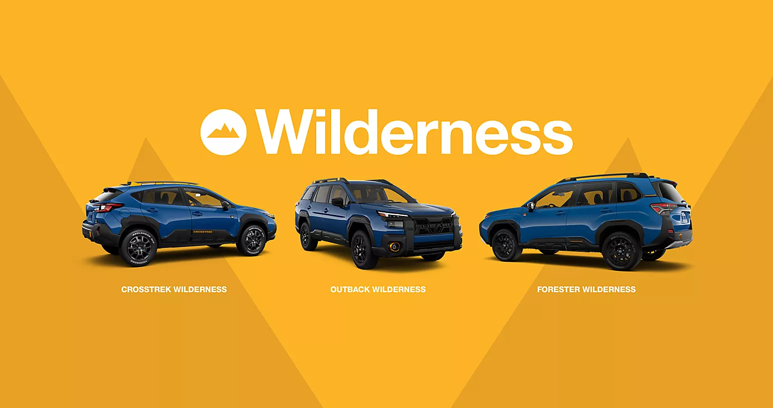 A static graphic featuring the 2026 Subaru Wilderness lineup on a bright yellow background. 