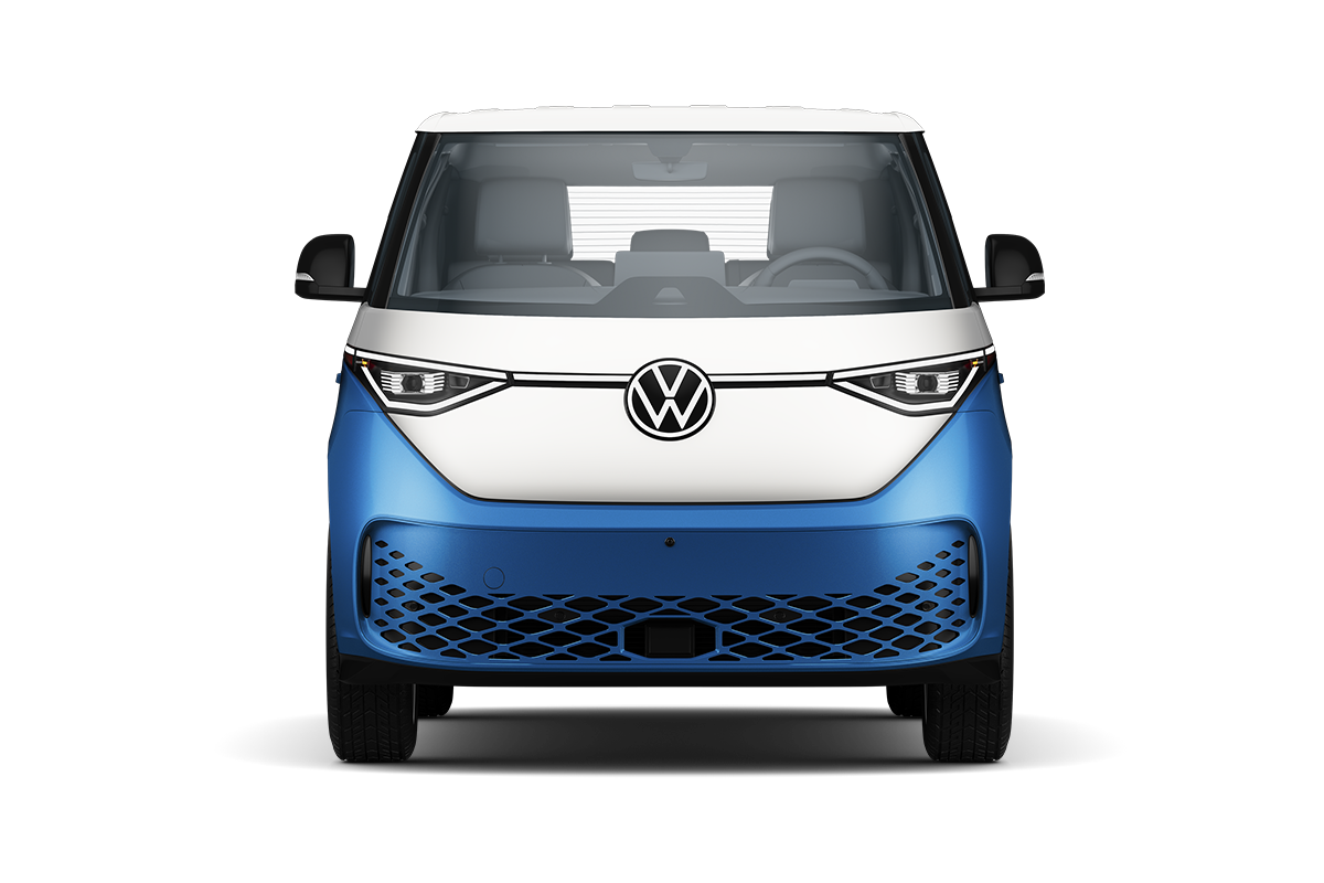 An image showing a front view of the ID. Buzz in Cabana Blue Metallic in front of a two-tone white and blue background. 
            