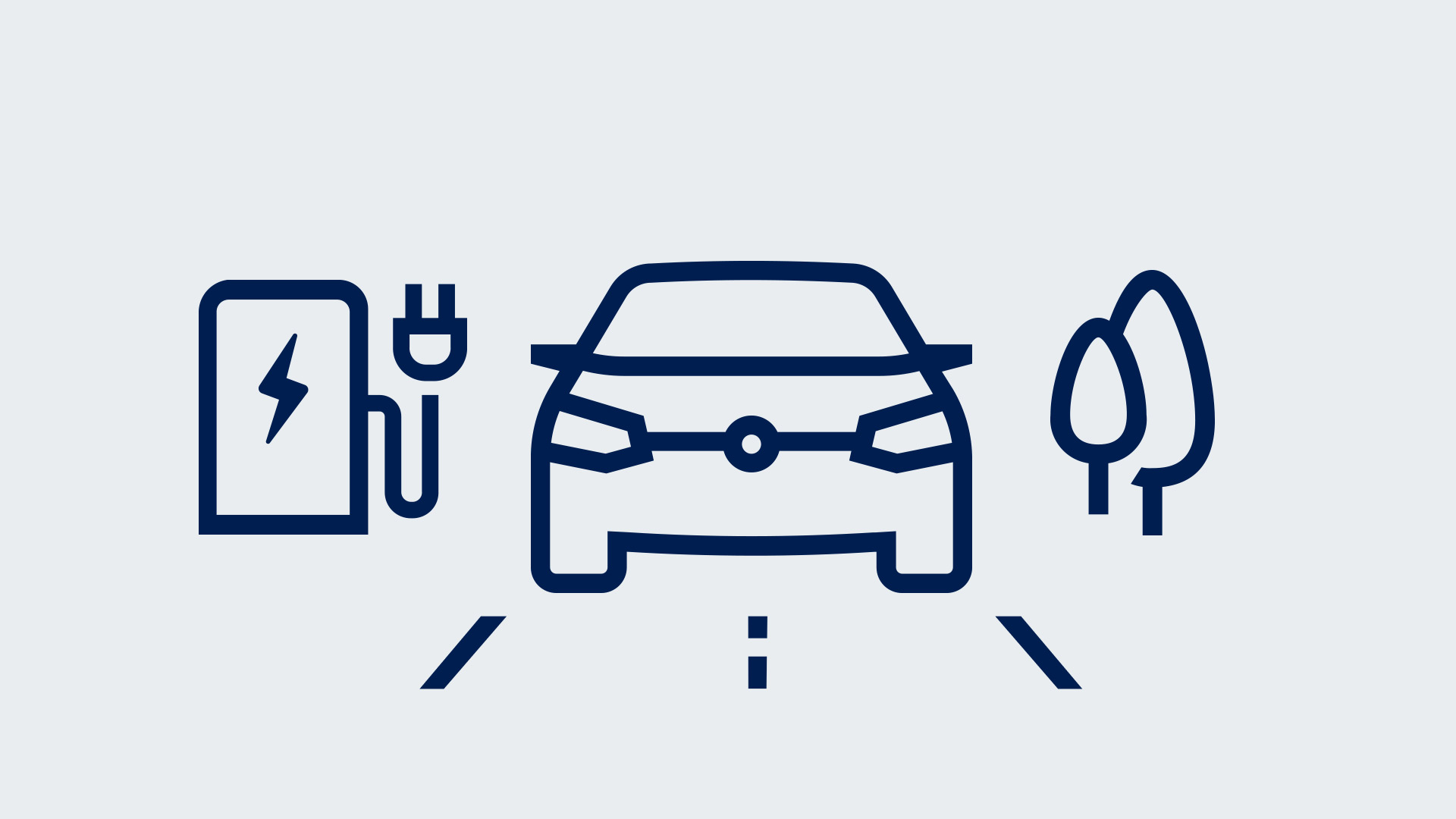 An image that shows an icon of a car on the road passing by tree icons with an electric symbol floating to the side.