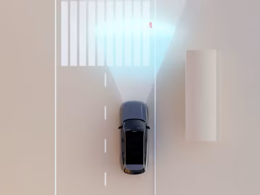 Bird’s-eye view of Volvo Cars sensing technology detecting a pedestrian on a pedestrian crossing.